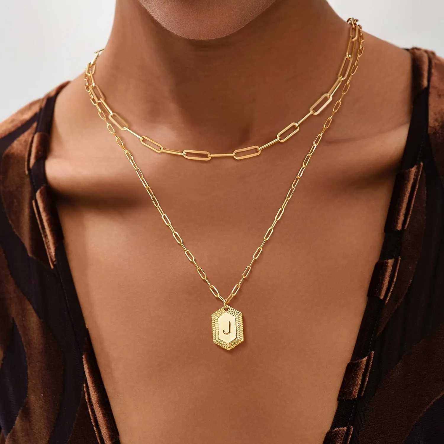 MEVECCO Dainty Gold Initial Necklace for Women 18K Gold Plated Layered Paperclip Link Chain Necklace Personalized Cute Hexagon Letters for Women Everyday Wear Jewelry