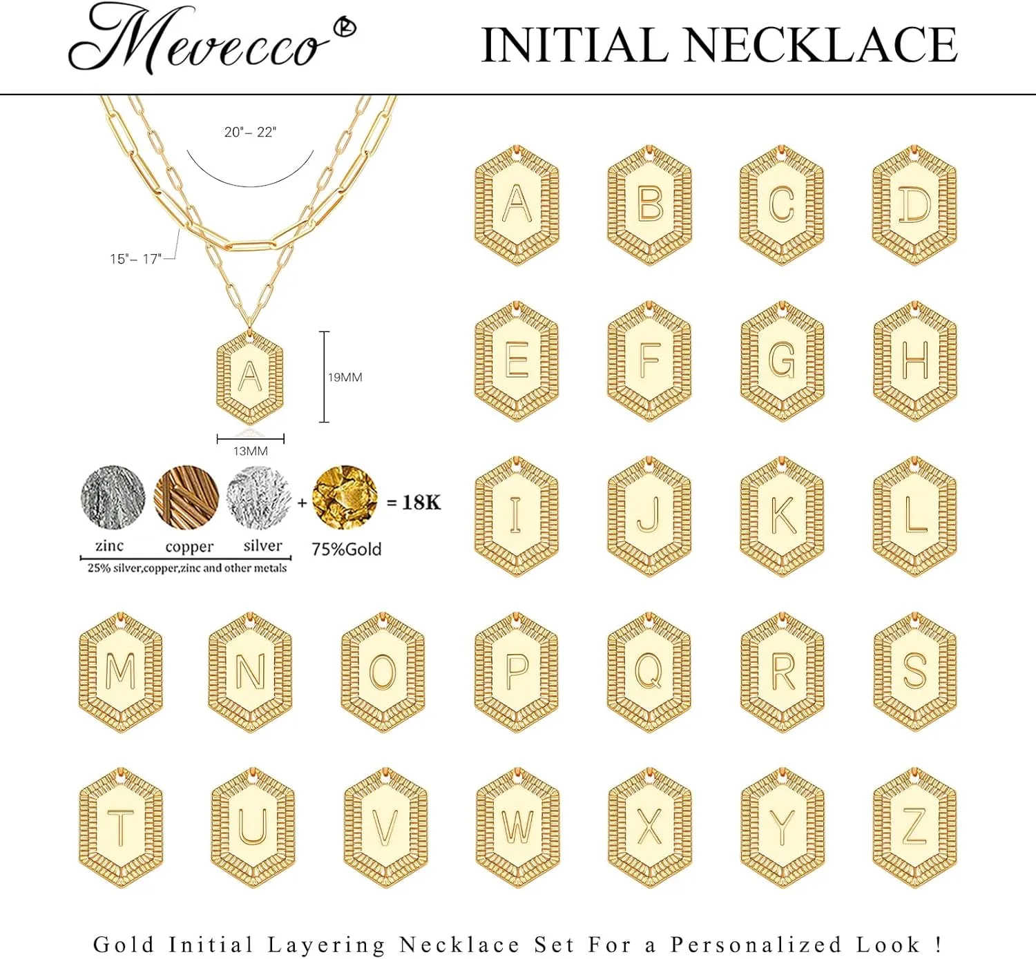 MEVECCO Dainty Gold Initial Necklace for Women 18K Gold Plated Layered Paperclip Link Chain Necklace Personalized Cute Hexagon Letters for Women Everyday Wear Jewelry