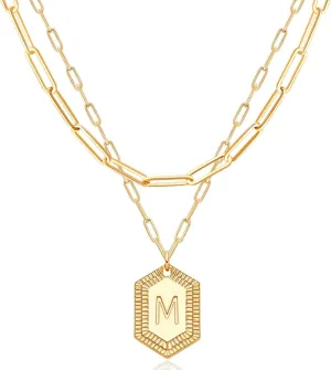 MEVECCO Dainty Gold Initial Necklace for Women 18K Gold Plated Layered Paperclip Link Chain Necklace Personalized Cute Hexagon Letters for Women Everyday Wear Jewelry