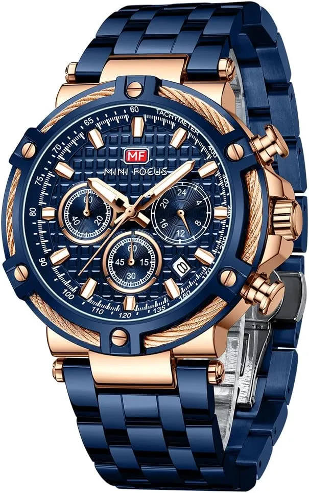 MF MINI FOCUS Business Men Watches (Chronograph/Waterproof/Luminous/Calendar/24 Hours) Big Face Stainless Steel Band Watches for Men