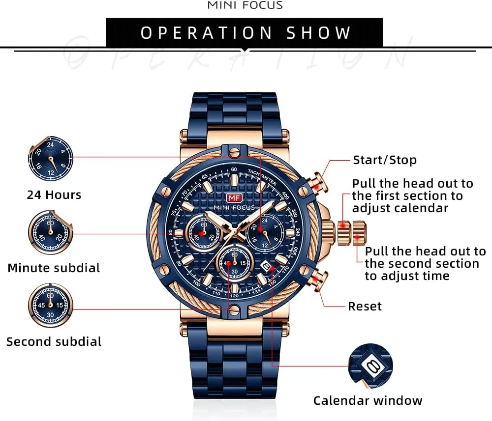 MF MINI FOCUS Business Men Watches (Chronograph/Waterproof/Luminous/Calendar/24 Hours) Big Face Stainless Steel Band Watches for Men