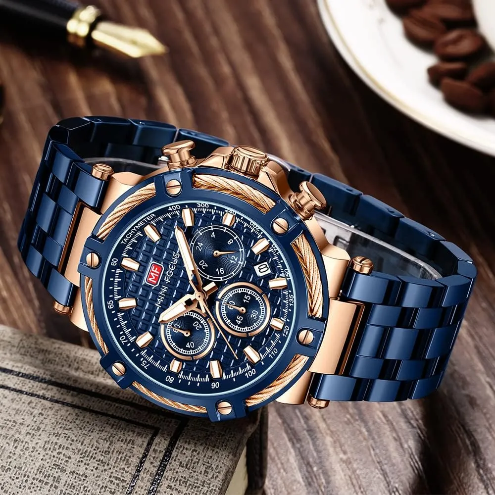 MF MINI FOCUS Business Men Watches (Chronograph/Waterproof/Luminous/Calendar/24 Hours) Big Face Stainless Steel Band Watches for Men