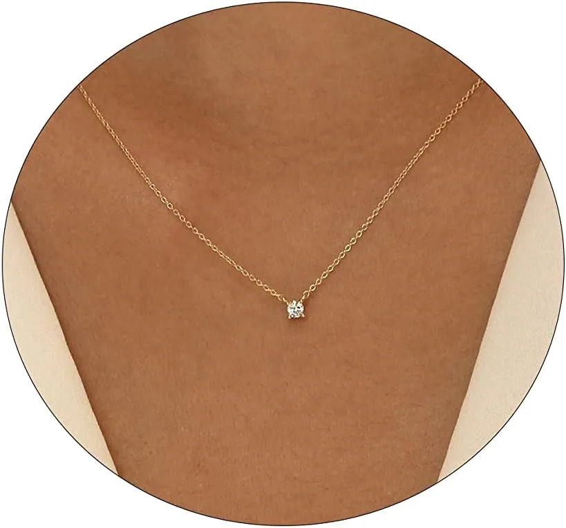 MIDEEO CZ Diamond Necklace for Women Dainty Layered Cubic Zirconia Solitaire Pendant Necklace Gold Plated Waterdrop Shape Square Emerald Green CZ Simulated Diamond Bridesmaid Necklace