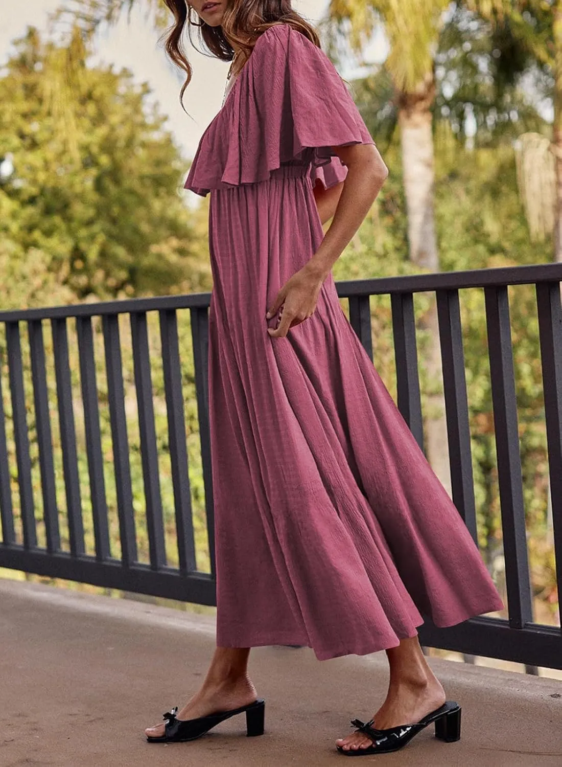miduo Womens Deep V Neck Flutter Short Sleeve Open Back Flowy Maxi Long Dresses