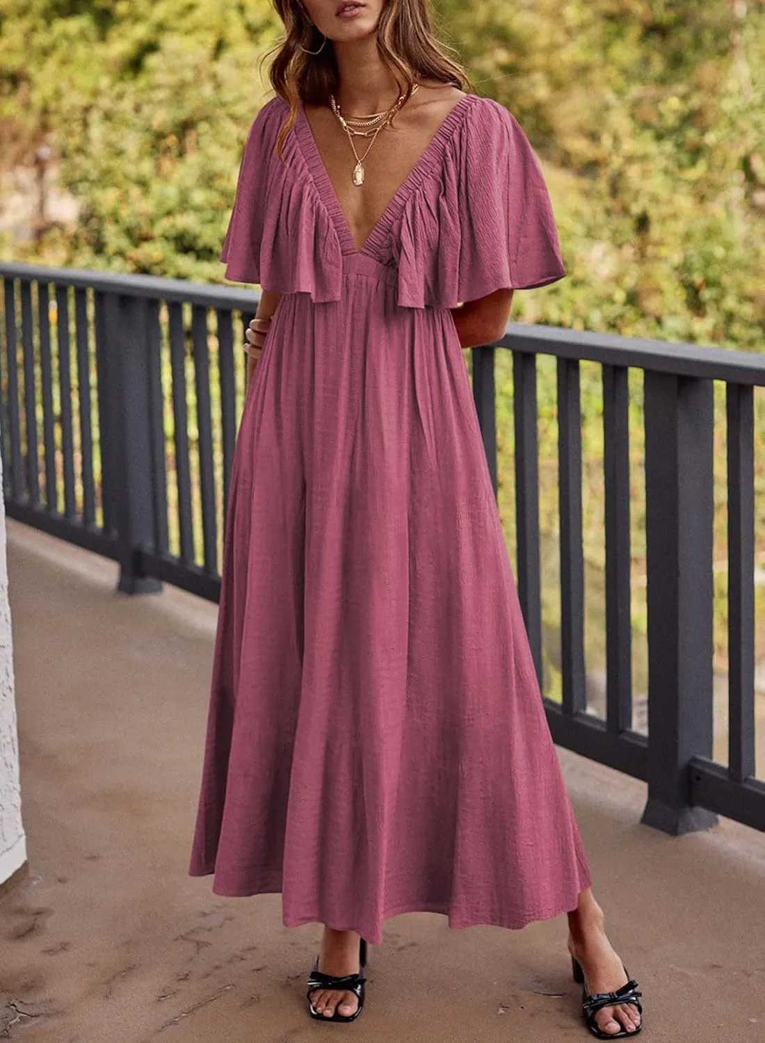 miduo Womens Deep V Neck Flutter Short Sleeve Open Back Flowy Maxi Long Dresses