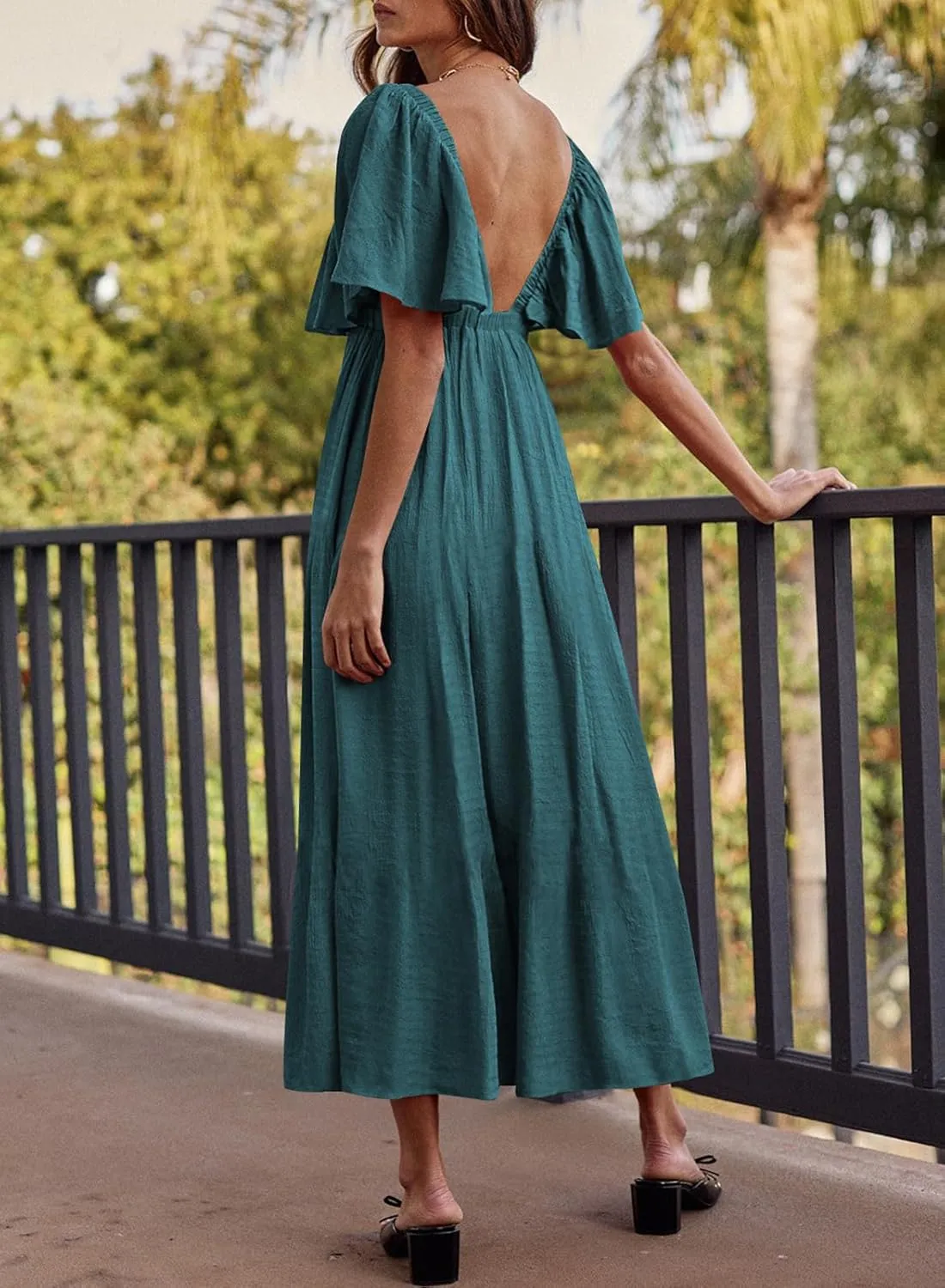 miduo Womens Deep V Neck Flutter Short Sleeve Open Back Flowy Maxi Long Dresses