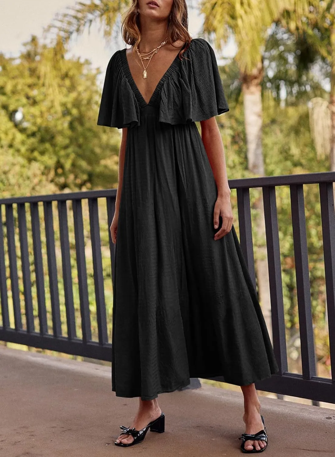 miduo Womens Deep V Neck Flutter Short Sleeve Open Back Flowy Maxi Long Dresses