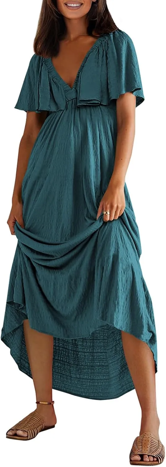 miduo Womens Deep V Neck Flutter Short Sleeve Open Back Flowy Maxi Long Dresses