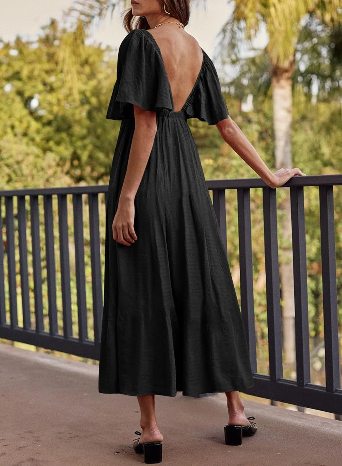 miduo Womens Deep V Neck Flutter Short Sleeve Open Back Flowy Maxi Long Dresses