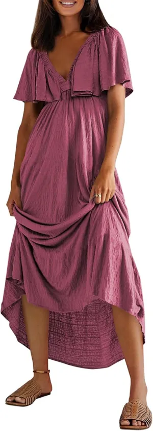 miduo Womens Deep V Neck Flutter Short Sleeve Open Back Flowy Maxi Long Dresses