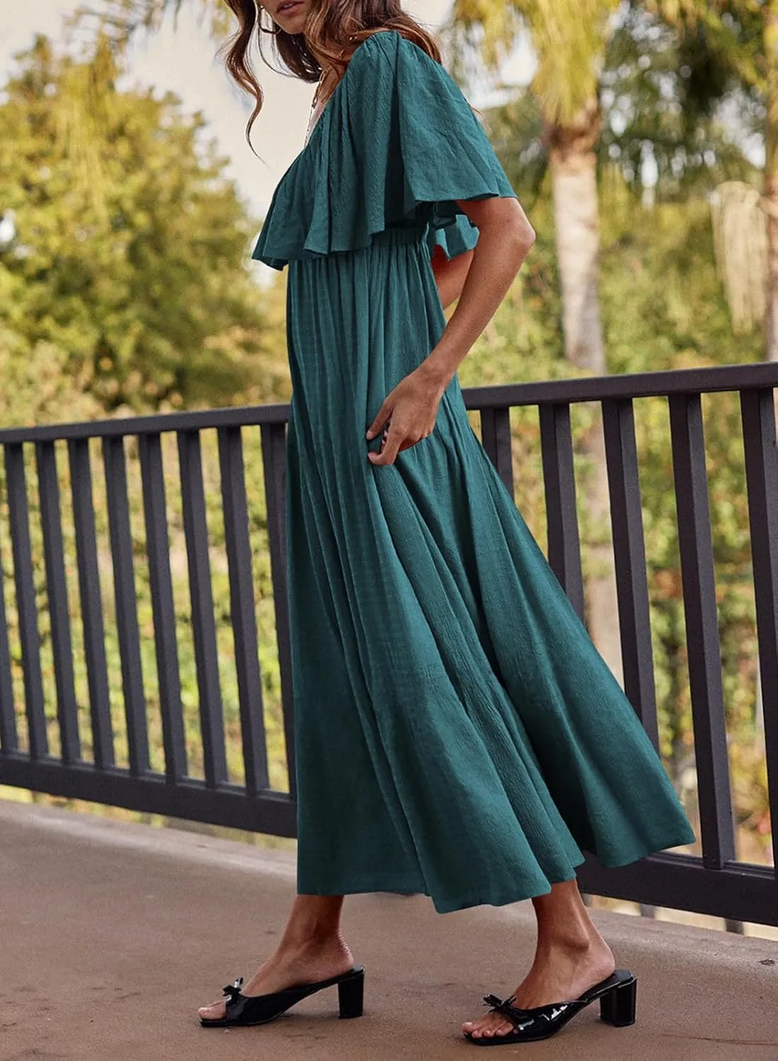 miduo Womens Deep V Neck Flutter Short Sleeve Open Back Flowy Maxi Long Dresses