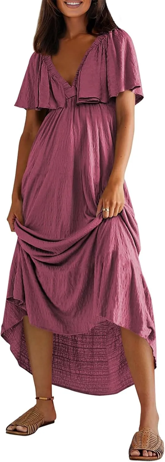 miduo Womens Deep V Neck Flutter Short Sleeve Open Back Flowy Maxi Long Dresses