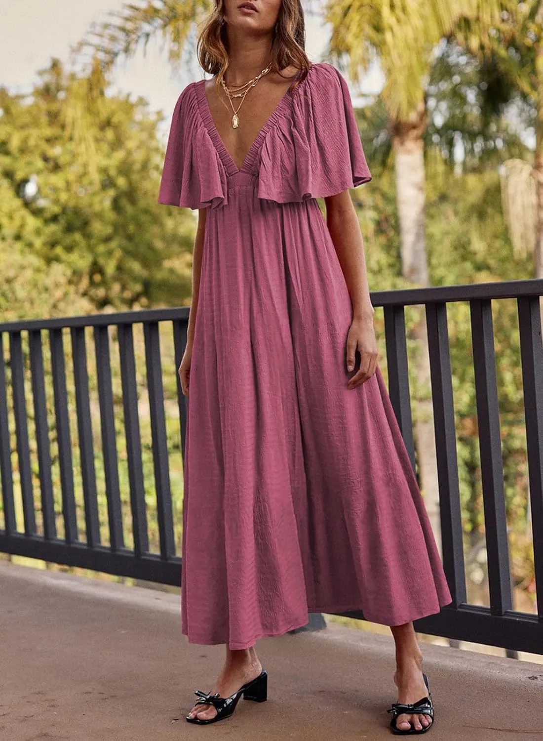 miduo Womens Deep V Neck Flutter Short Sleeve Open Back Flowy Maxi Long Dresses