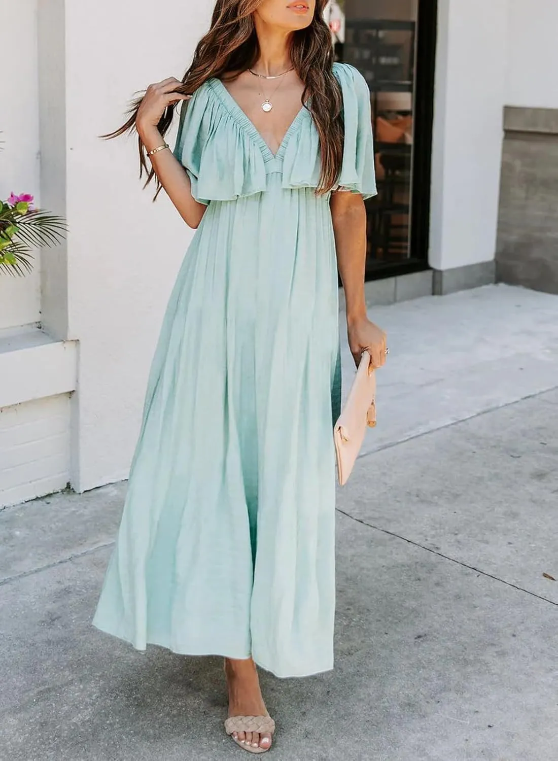 miduo Womens Deep V Neck Flutter Short Sleeve Open Back Flowy Maxi Long Dresses