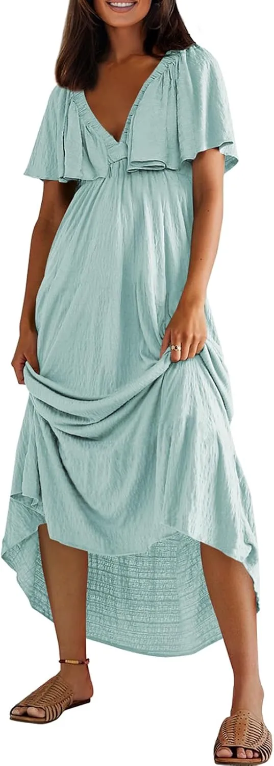 miduo Womens Deep V Neck Flutter Short Sleeve Open Back Flowy Maxi Long Dresses