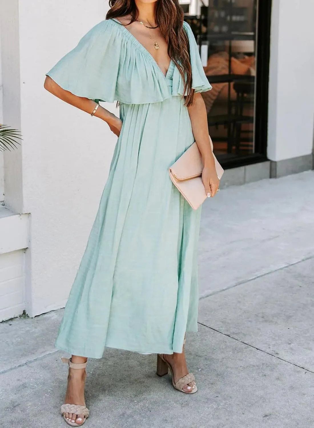 miduo Womens Deep V Neck Flutter Short Sleeve Open Back Flowy Maxi Long Dresses