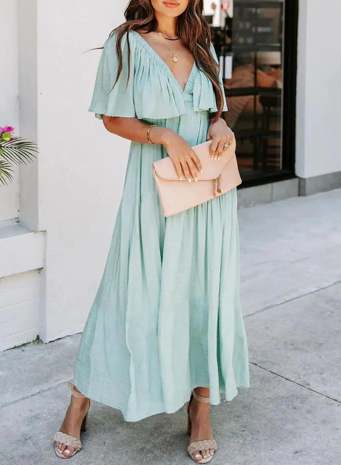 miduo Womens Deep V Neck Flutter Short Sleeve Open Back Flowy Maxi Long Dresses
