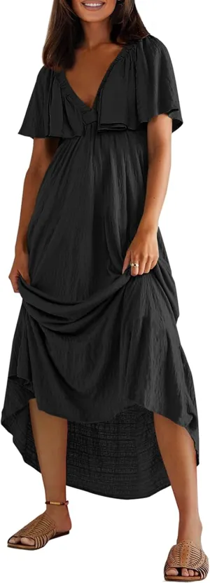 miduo Womens Deep V Neck Flutter Short Sleeve Open Back Flowy Maxi Long Dresses