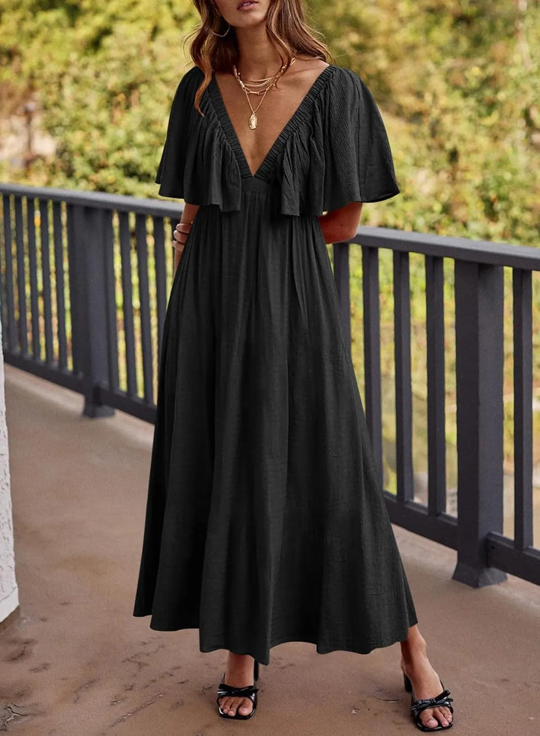 miduo Womens Deep V Neck Flutter Short Sleeve Open Back Flowy Maxi Long Dresses