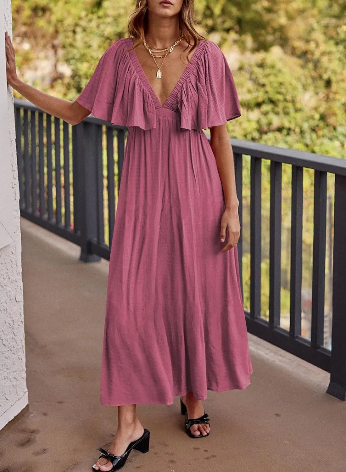 miduo Womens Deep V Neck Flutter Short Sleeve Open Back Flowy Maxi Long Dresses