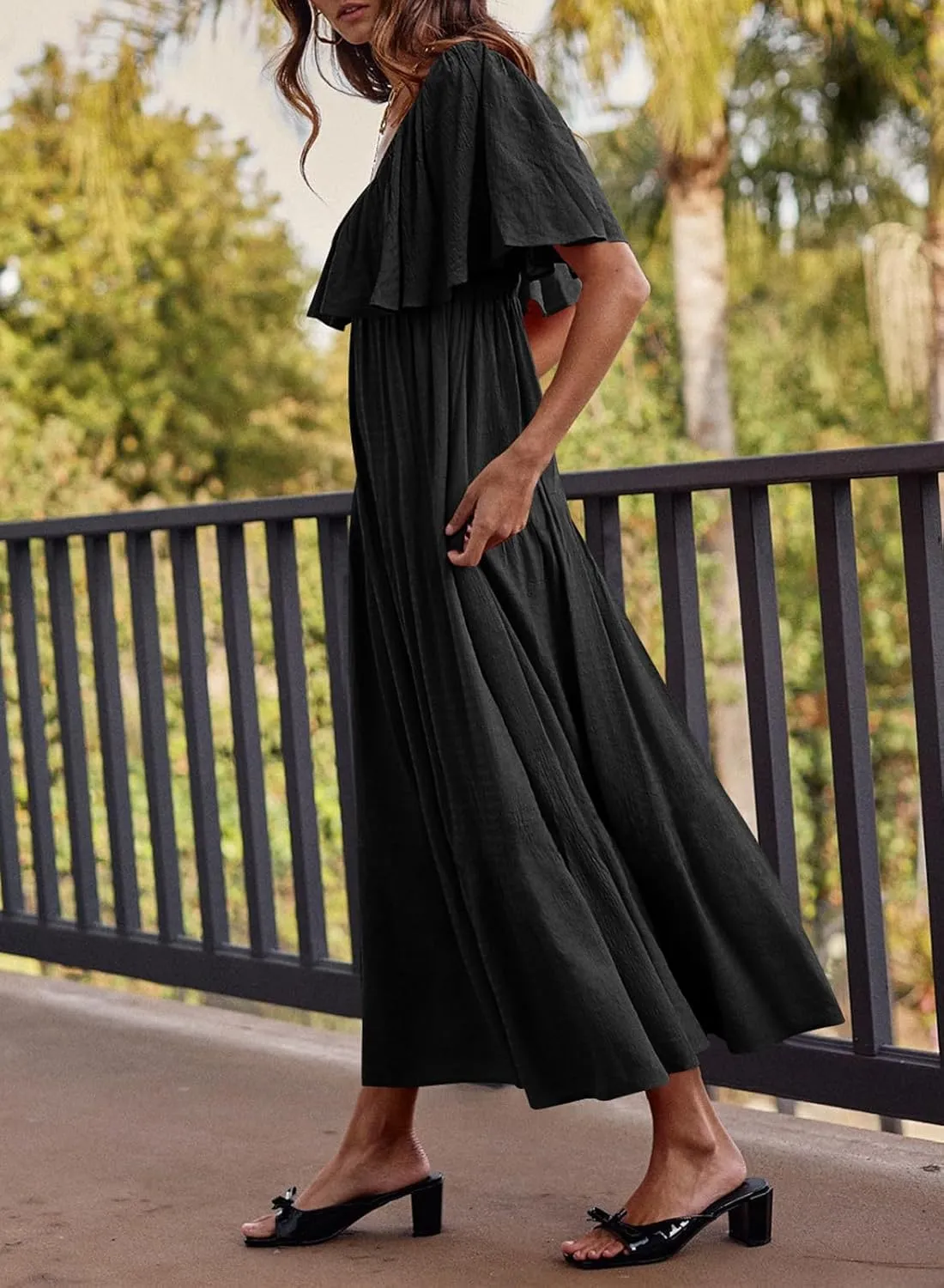 miduo Womens Deep V Neck Flutter Short Sleeve Open Back Flowy Maxi Long Dresses