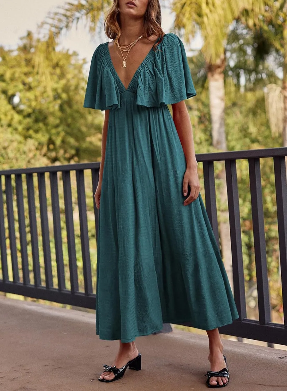 miduo Womens Deep V Neck Flutter Short Sleeve Open Back Flowy Maxi Long Dresses