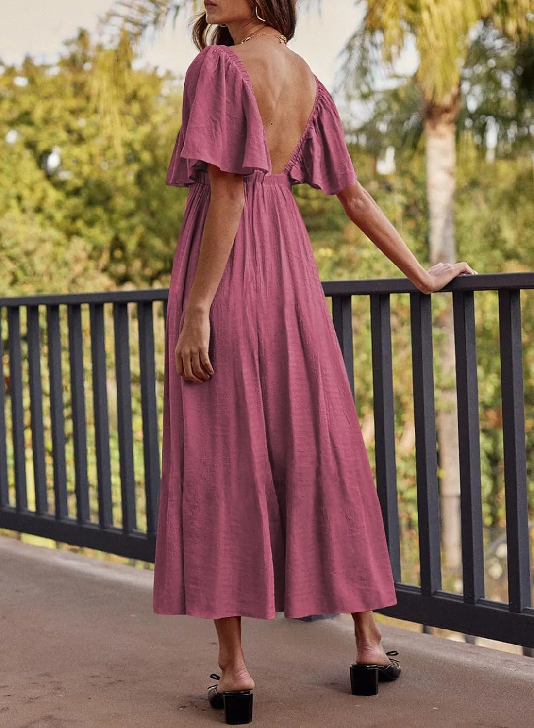 miduo Womens Deep V Neck Flutter Short Sleeve Open Back Flowy Maxi Long Dresses