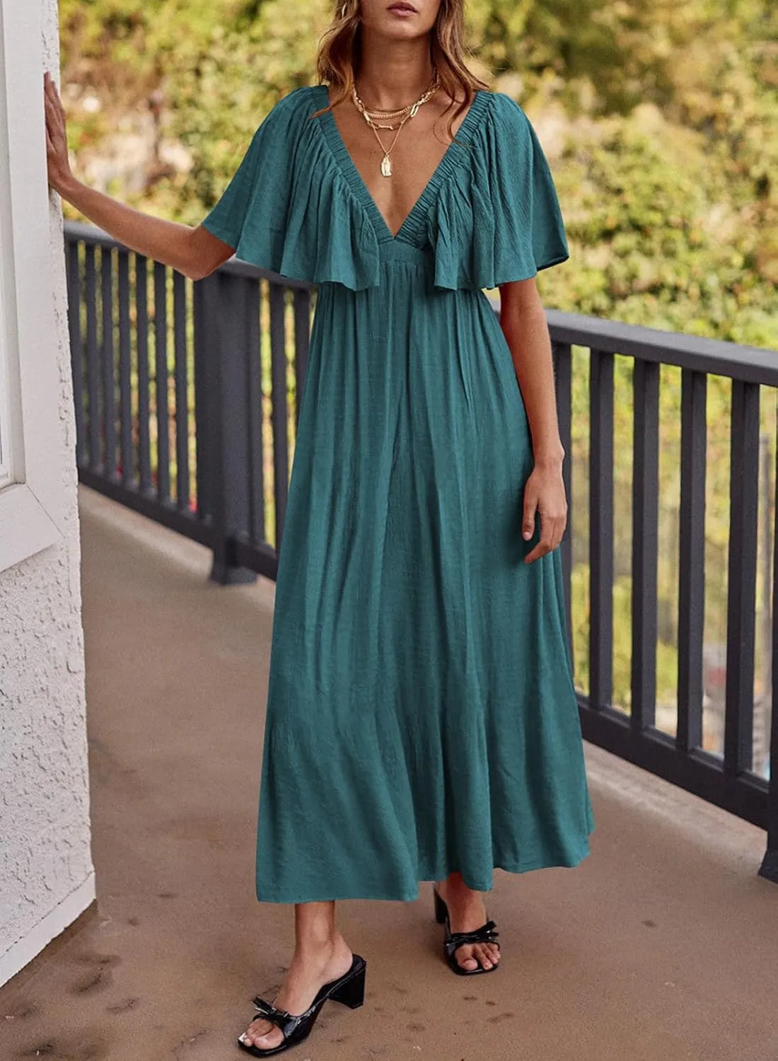 miduo Womens Deep V Neck Flutter Short Sleeve Open Back Flowy Maxi Long Dresses