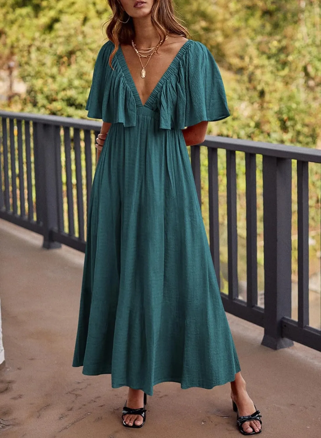 miduo Womens Deep V Neck Flutter Short Sleeve Open Back Flowy Maxi Long Dresses