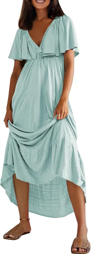 miduo Womens Deep V Neck Flutter Short Sleeve Open Back Flowy Maxi Long Dresses