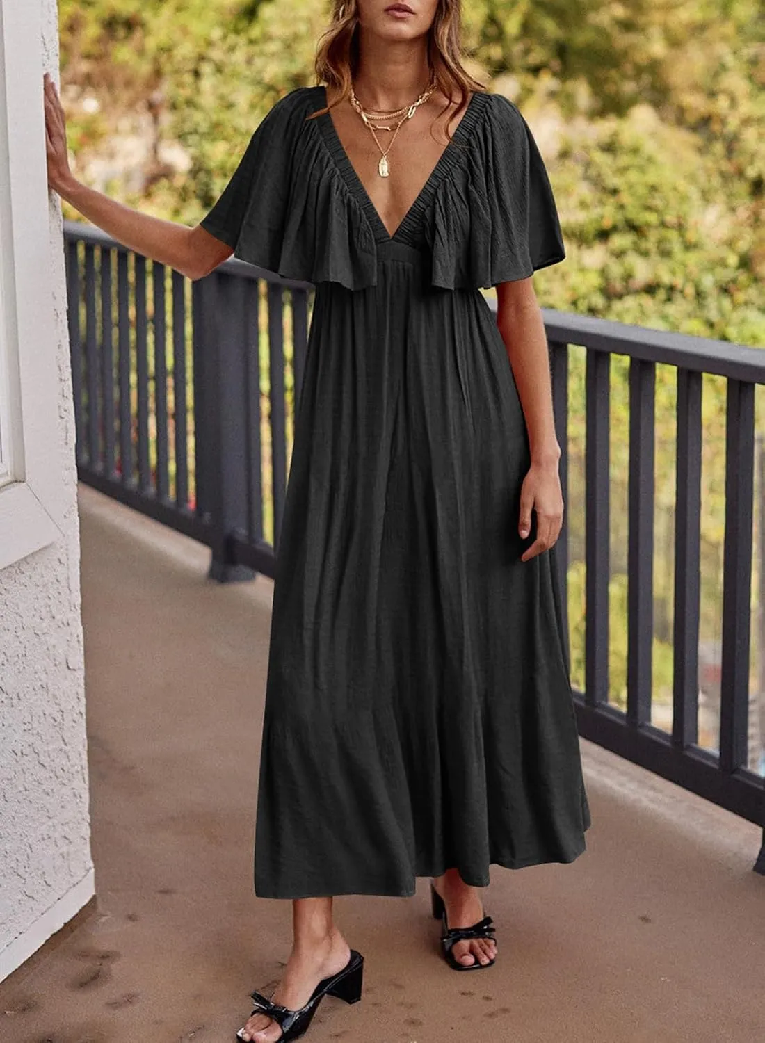 miduo Womens Deep V Neck Flutter Short Sleeve Open Back Flowy Maxi Long Dresses