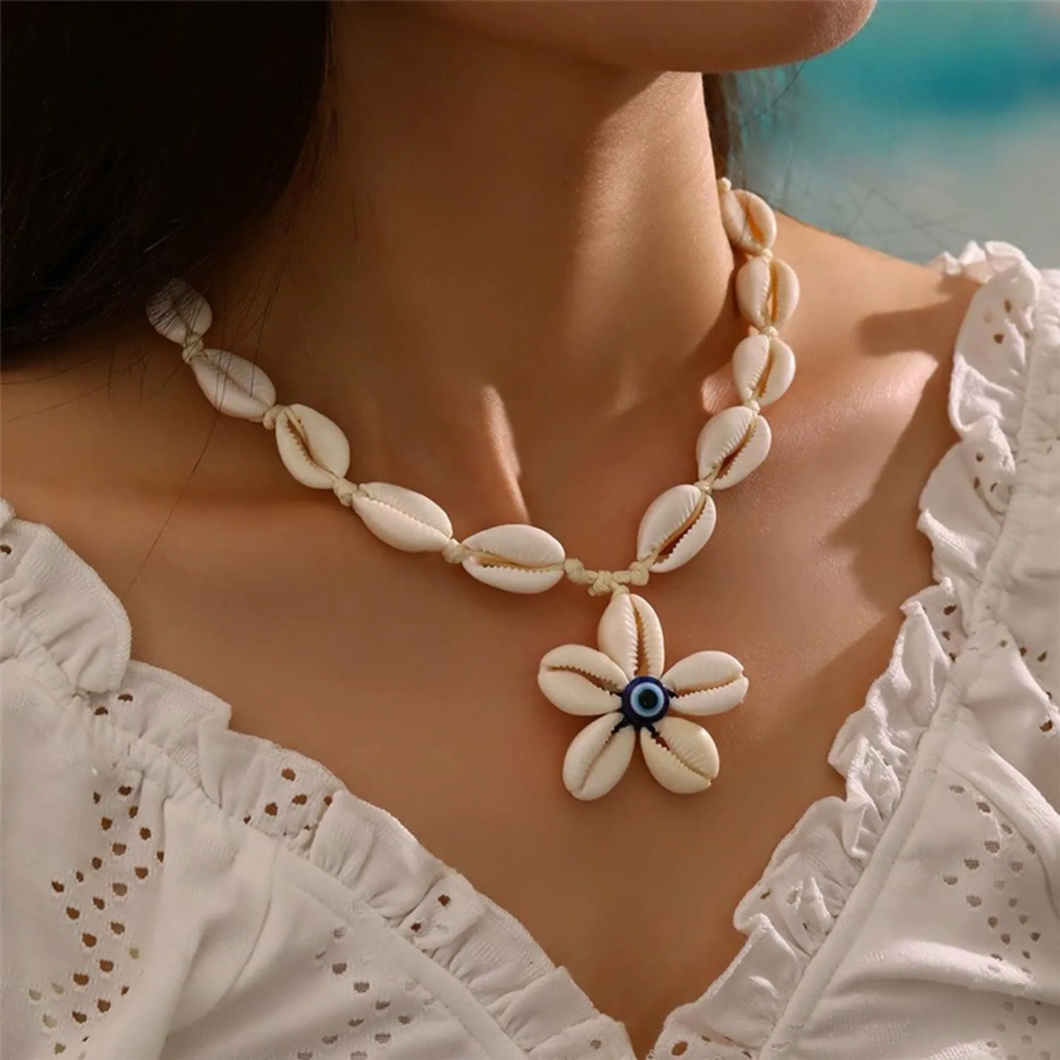 MIFYNN Boho Crystal Shell Necklace Layered SeaShell Flower Pendant Necklace Hawaiian Style Braided Rope Necklace Summer Beach Party Jewelry for Women