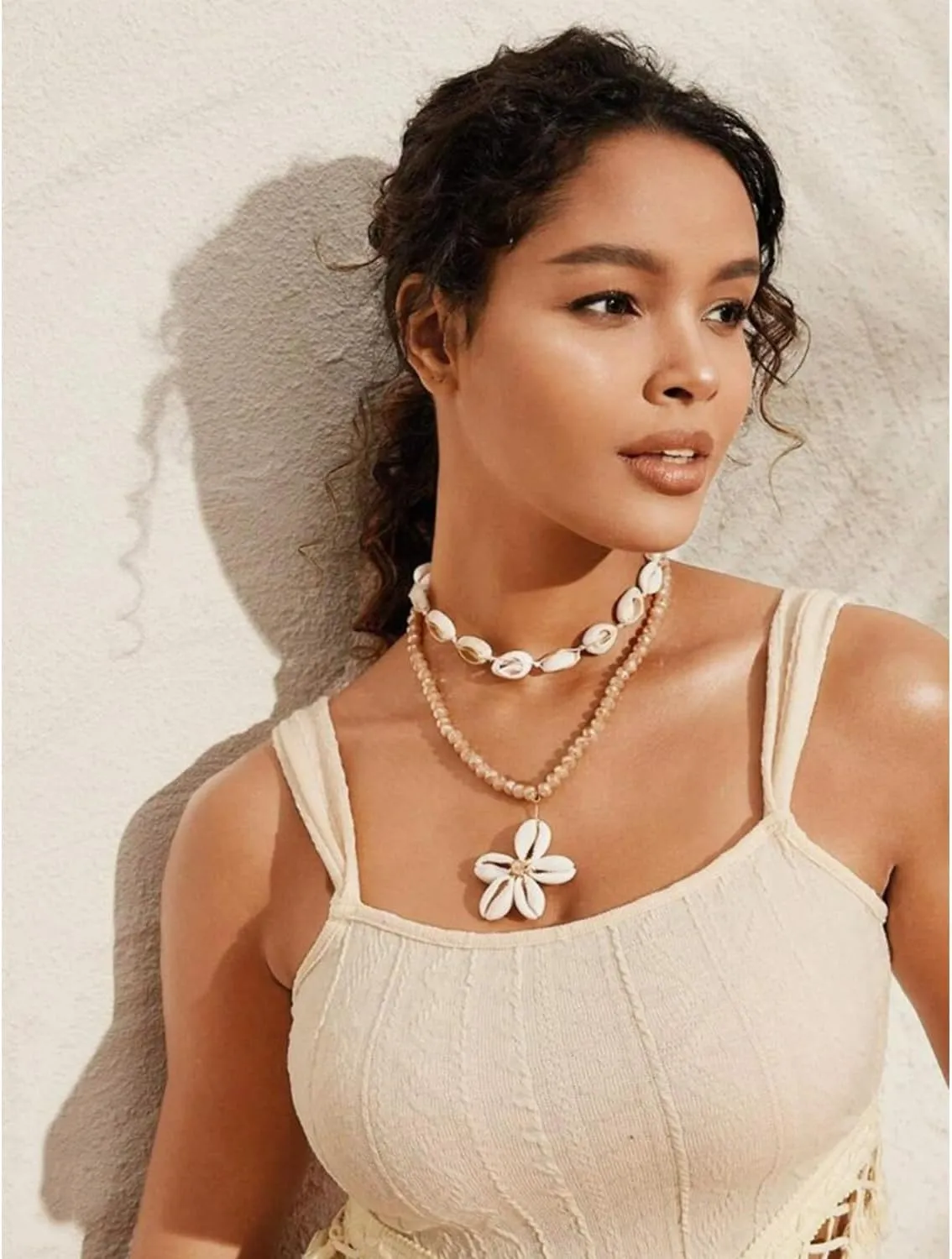 MIFYNN Boho Crystal Shell Necklace Layered SeaShell Flower Pendant Necklace Hawaiian Style Braided Rope Necklace Summer Beach Party Jewelry for Women