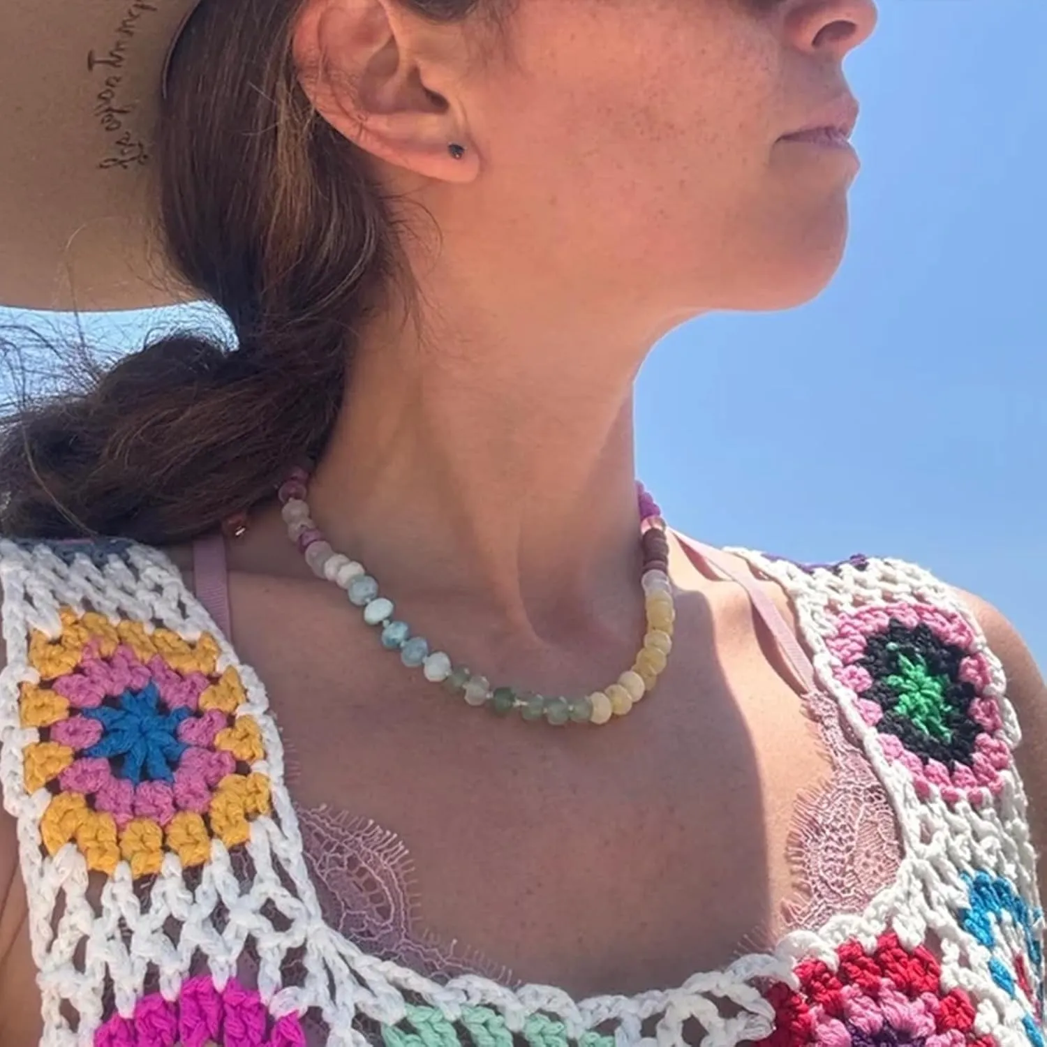 MIFYNN Natural Stone Beaded Necklace for Women Boho Rainbow Charm Necklace Colorful Beads Choker Necklace Beach Surfer Necklace Jewelry Gift