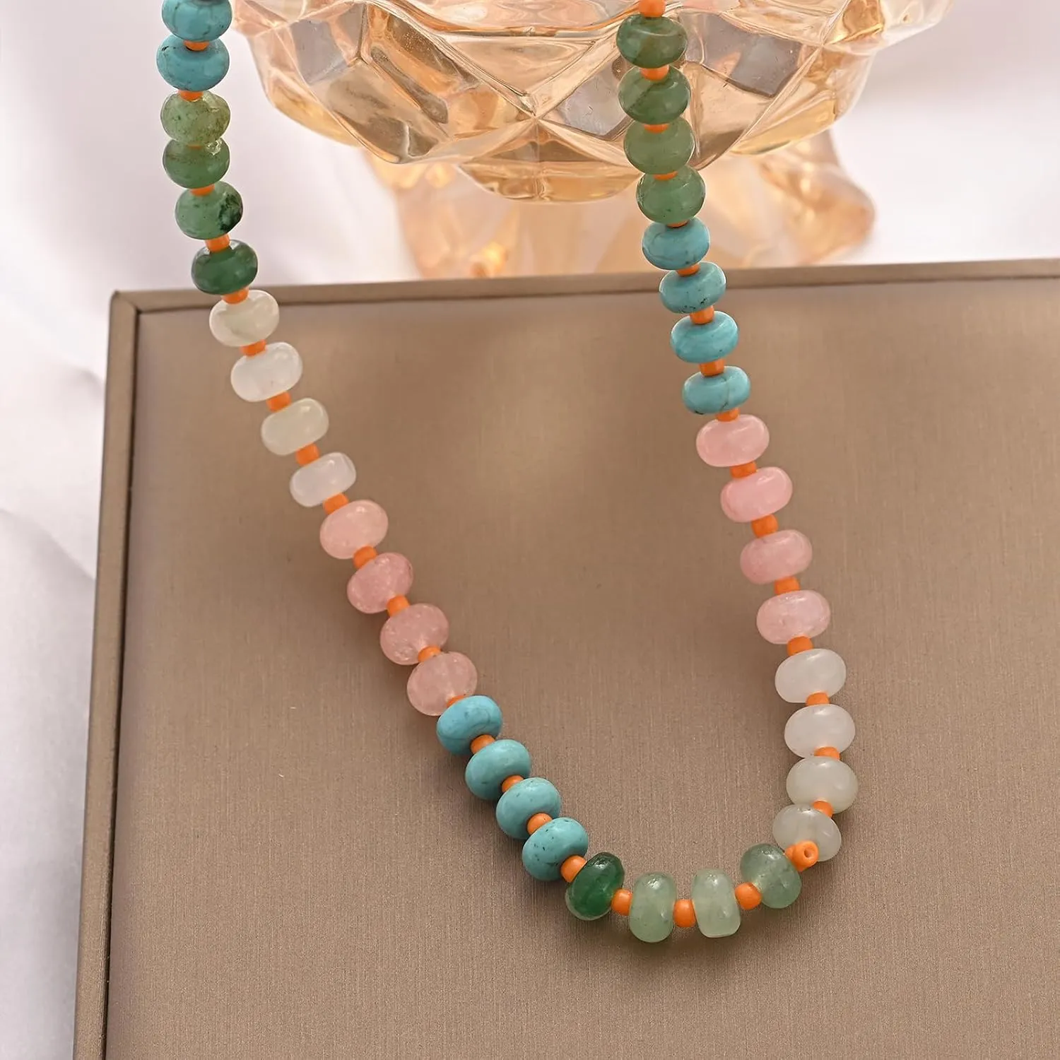 MIFYNN Natural Stone Beaded Necklace for Women Boho Rainbow Charm Necklace Colorful Beads Choker Necklace Beach Surfer Necklace Jewelry Gift