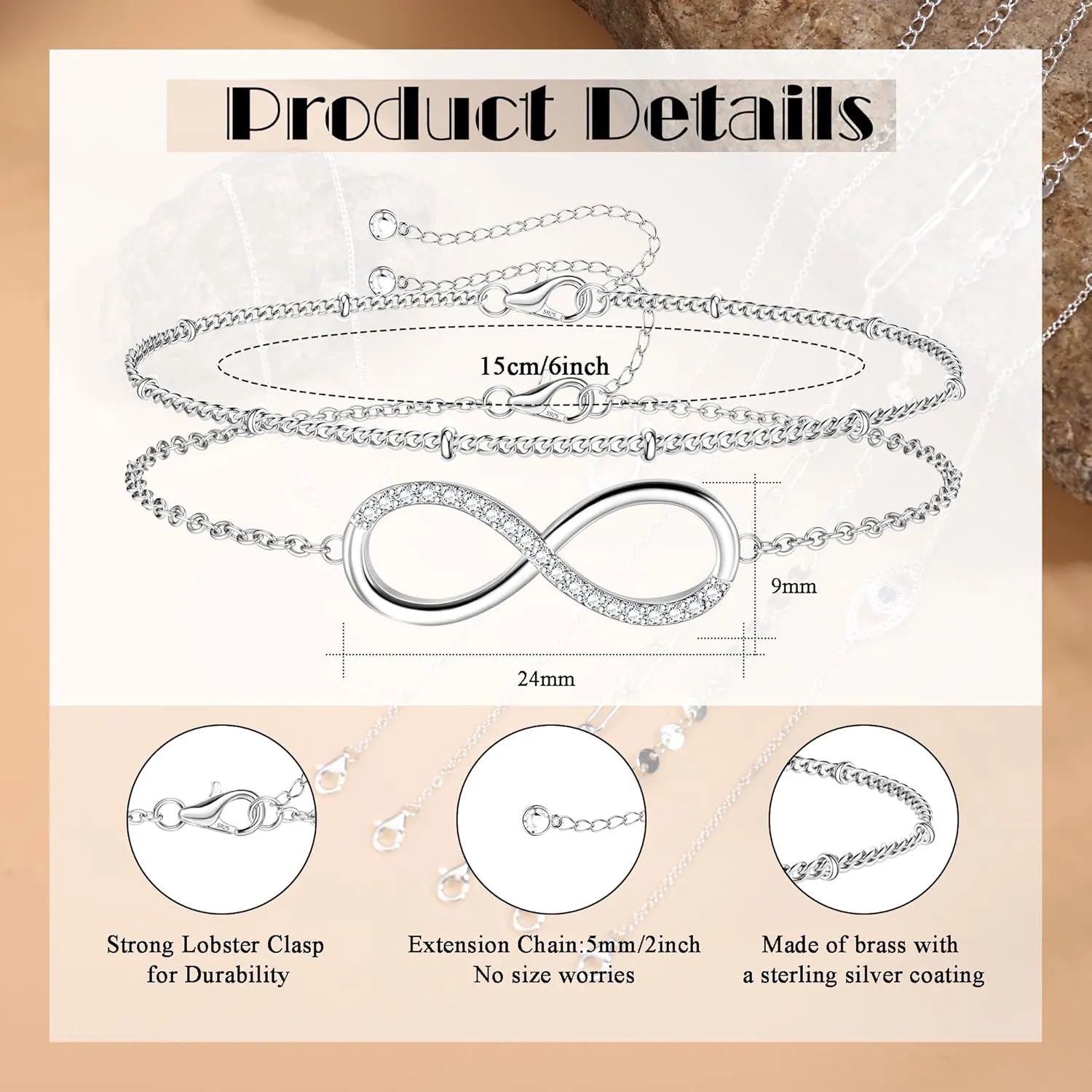 MILACOLATO 925 Sterling Silver Clasp Paperclip Chain Bracelets 14K White Gold Plated Solid Diamond-Cut Paperclip Chain Women Bracelet Adjustable Layered Satellite Beads Bracelets for Women