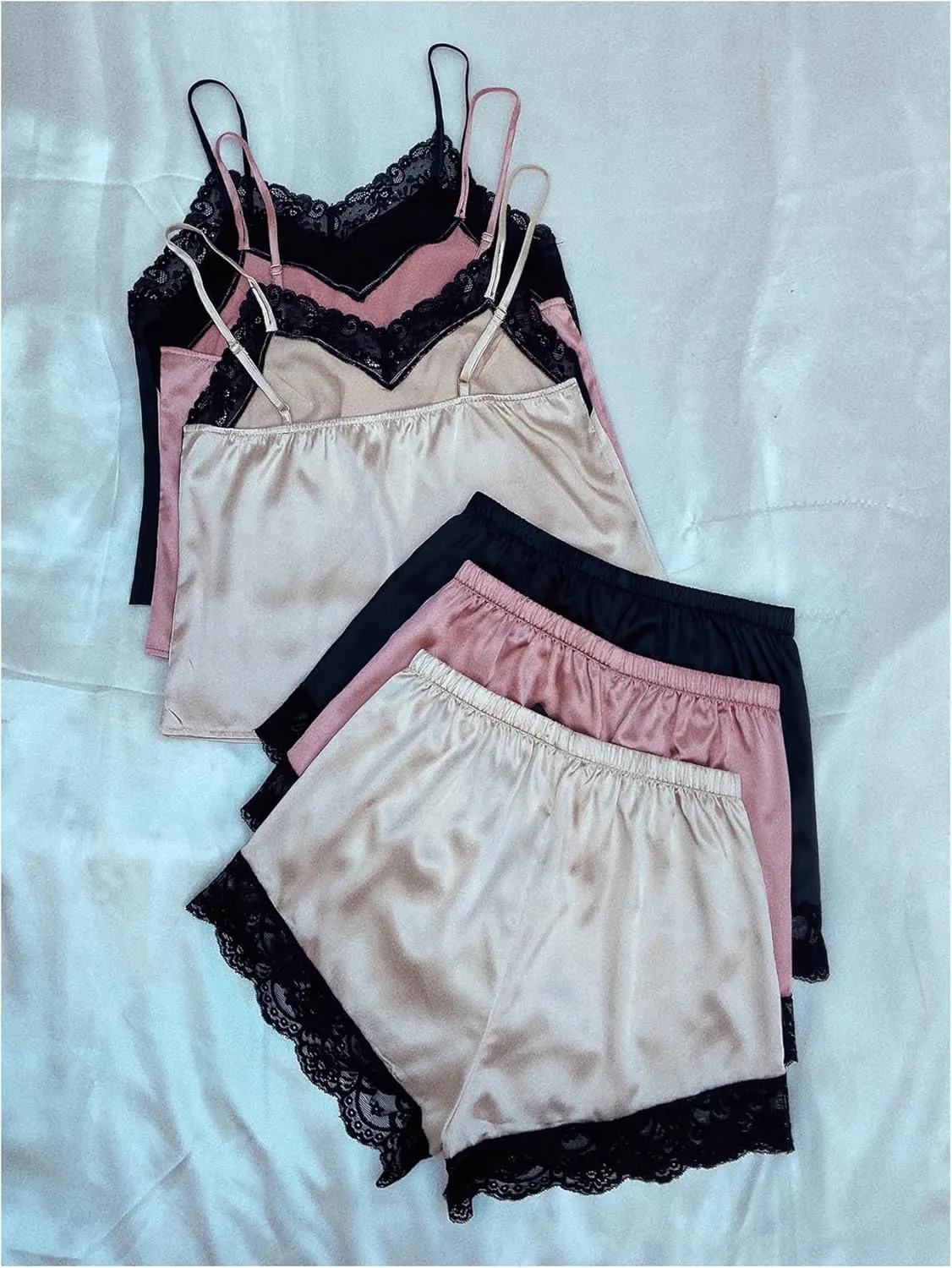 Milumia Women's 6 Piece Satin Pajama Set Lace Trim C Neck Camis Shorts Loungewear