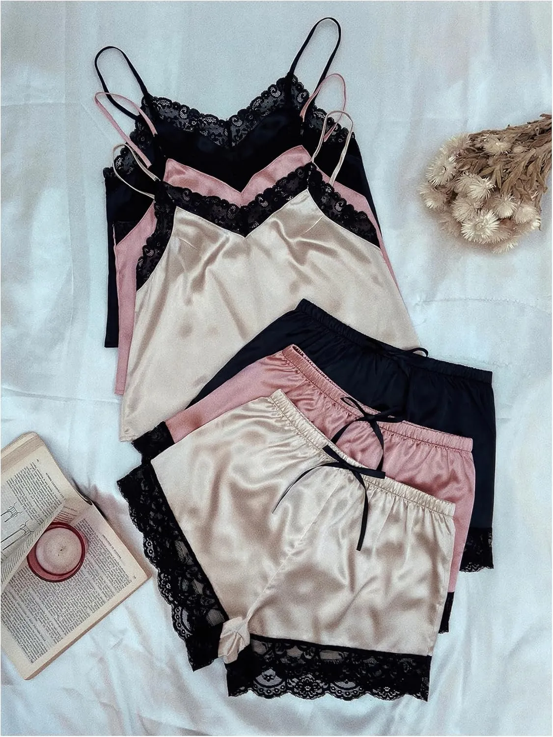 Milumia Women's 6 Piece Satin Pajama Set Lace Trim C Neck Camis Shorts Loungewear