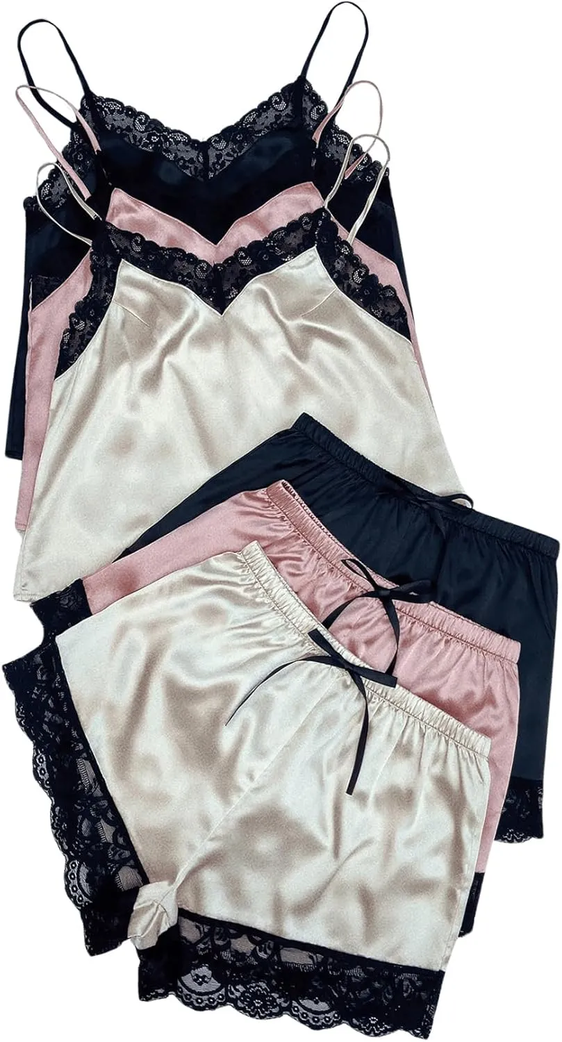 Milumia Women's 6 Piece Satin Pajama Set Lace Trim C Neck Camis Shorts Loungewear