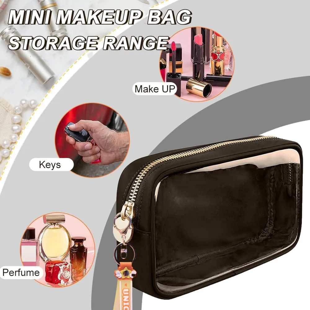 Mini Makeup Bag Makeup Pouch for Women And Girls, Mini Pouch Clear with Zipper Cosmetic Bag for Purse, Transparent PVC & Nylon Bag Waterproof Preppy Toiletry Bag Cute (Small, Coffee)
