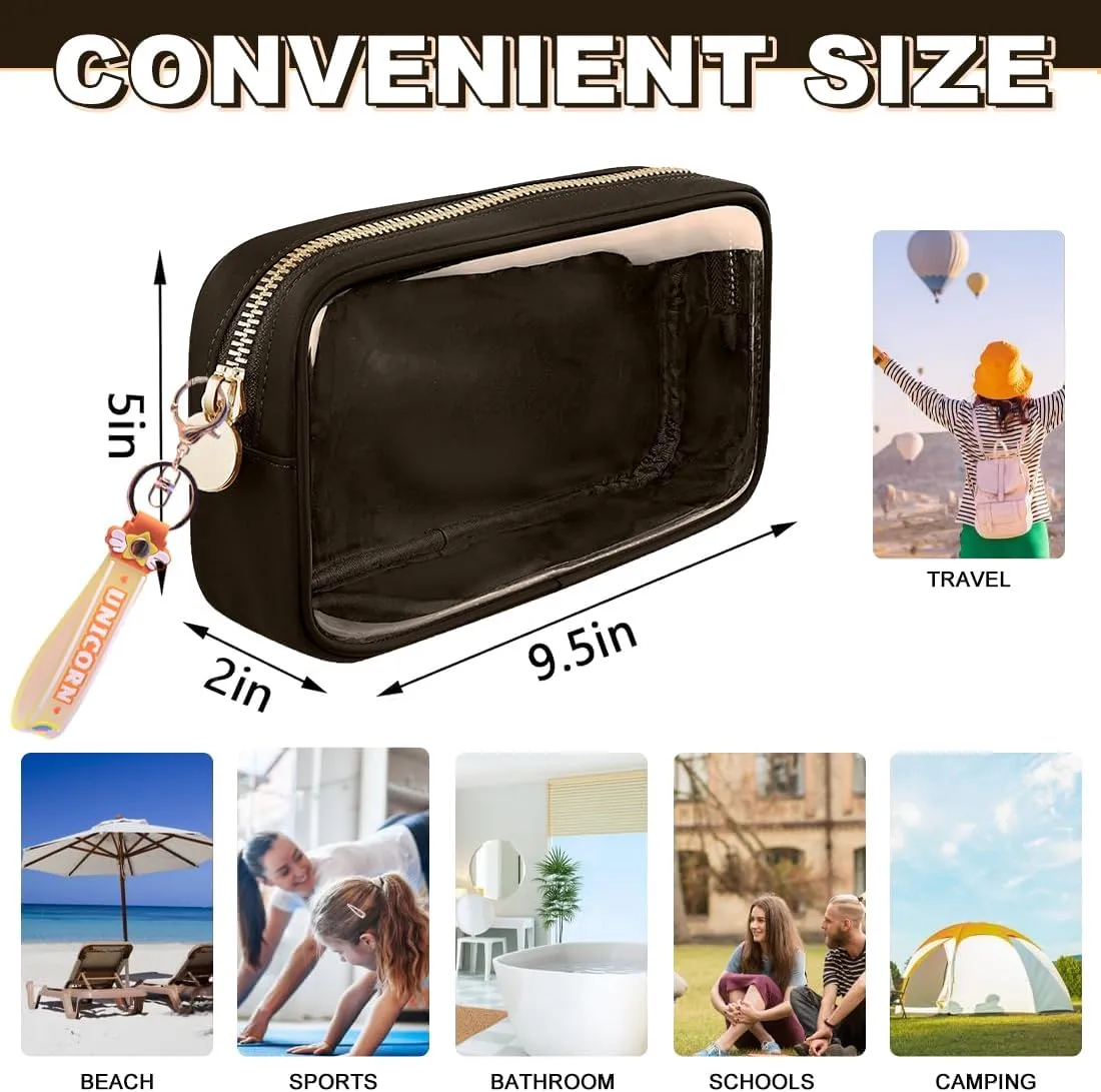 Mini Makeup Bag Makeup Pouch for Women And Girls, Mini Pouch Clear with Zipper Cosmetic Bag for Purse, Transparent PVC & Nylon Bag Waterproof Preppy Toiletry Bag Cute (Small, Coffee)