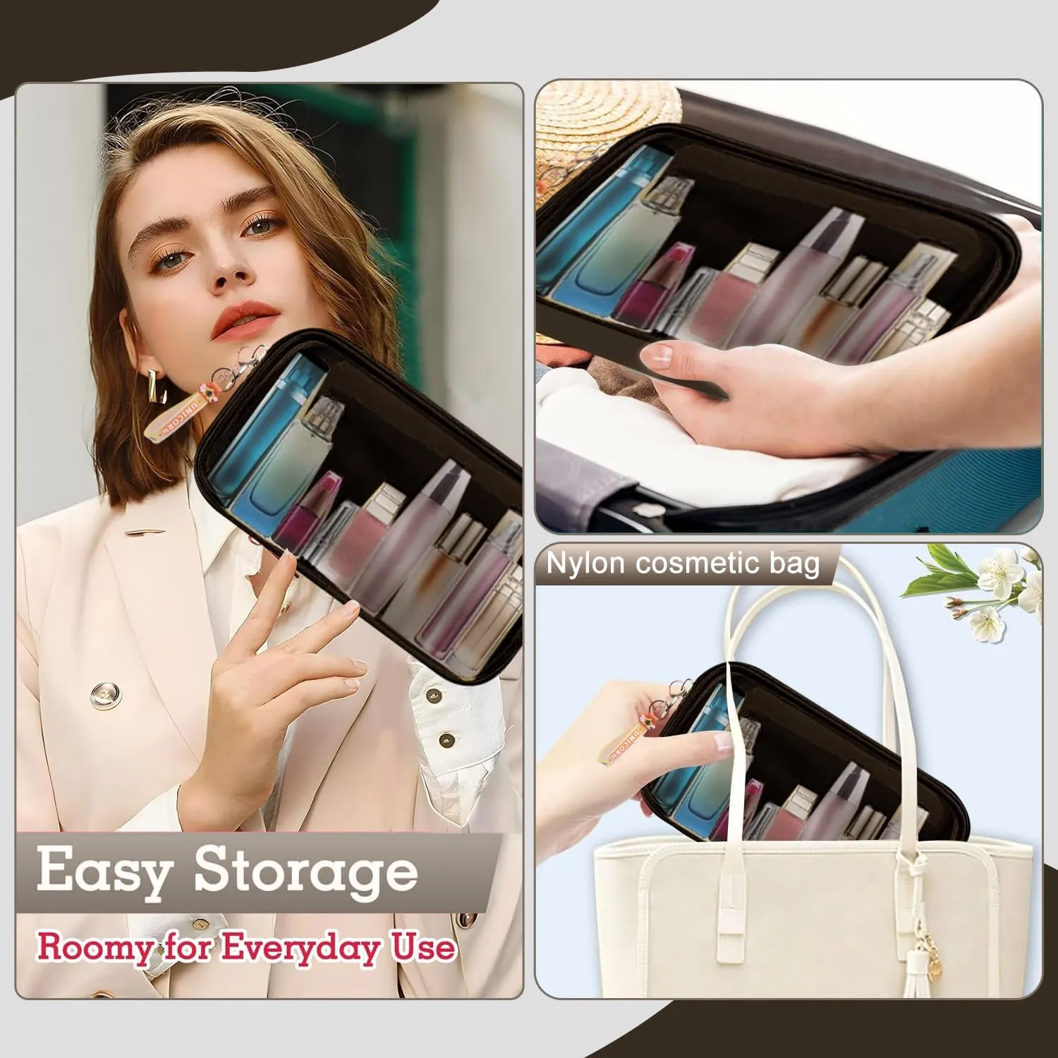 Mini Makeup Bag Makeup Pouch for Women And Girls, Mini Pouch Clear with Zipper Cosmetic Bag for Purse, Transparent PVC & Nylon Bag Waterproof Preppy Toiletry Bag Cute (Small, Coffee)