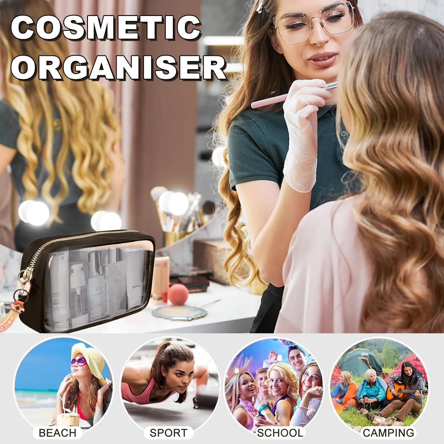 Mini Makeup Bag Makeup Pouch for Women And Girls, Mini Pouch Clear with Zipper Cosmetic Bag for Purse, Transparent PVC & Nylon Bag Waterproof Preppy Toiletry Bag Cute (Small, Coffee)