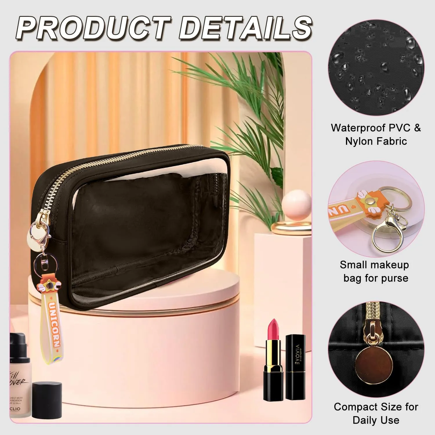 Mini Makeup Bag Makeup Pouch for Women And Girls, Mini Pouch Clear with Zipper Cosmetic Bag for Purse, Transparent PVC & Nylon Bag Waterproof Preppy Toiletry Bag Cute (Small, Coffee)