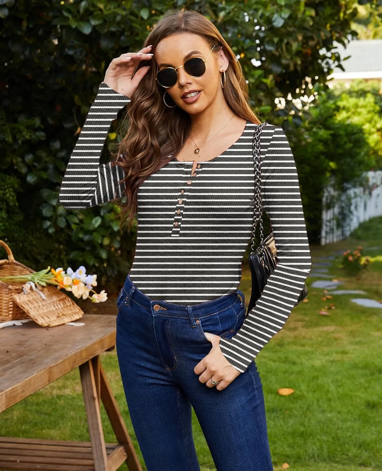 Miselon Womens Long Sleeve Henley Shirts V Neck Lace Button Tops Ribbed Knit Casual Slim Fit Blouse