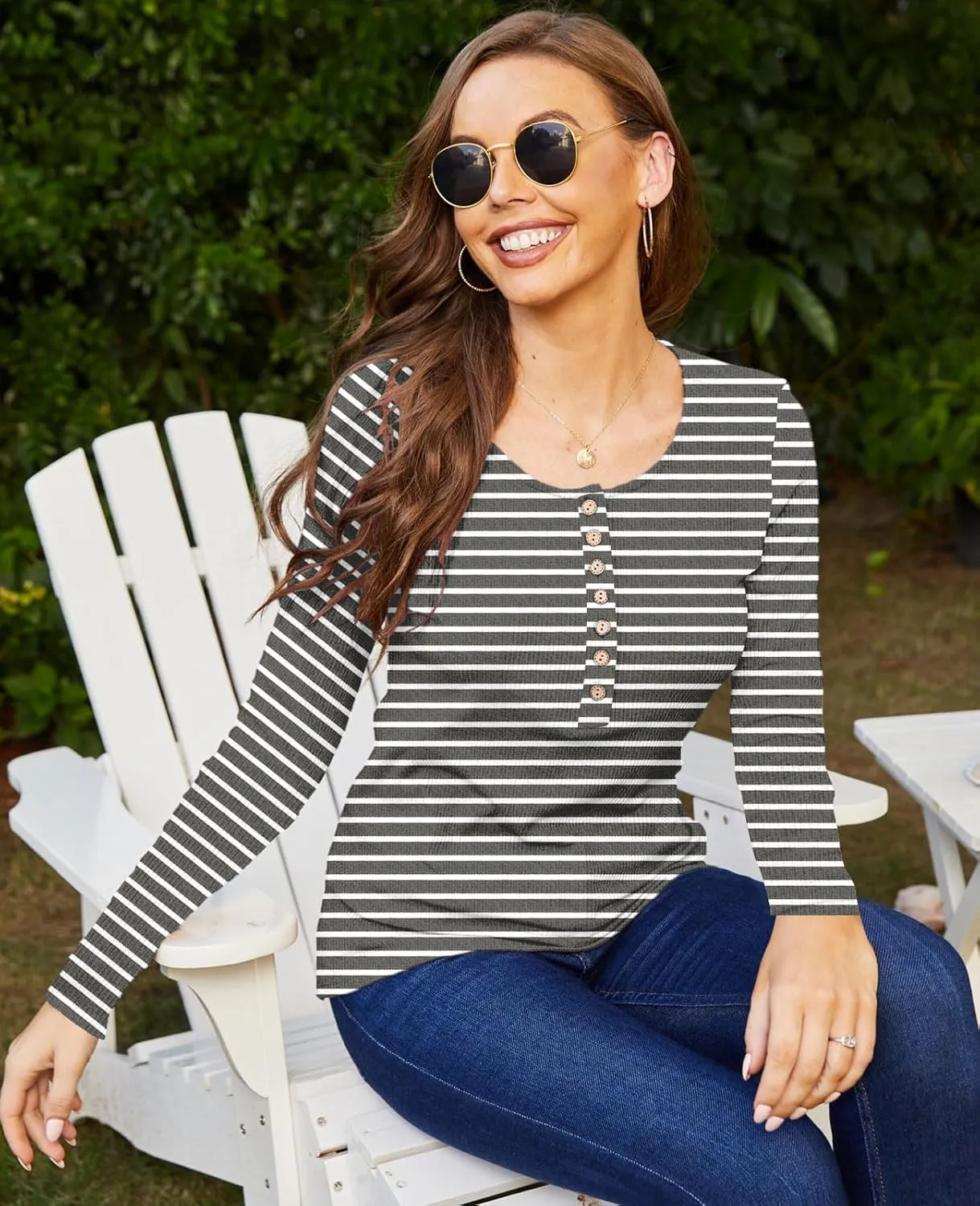 Miselon Womens Long Sleeve Henley Shirts V Neck Lace Button Tops Ribbed Knit Casual Slim Fit Blouse