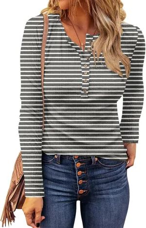 Miselon Womens Long Sleeve Henley Shirts V Neck Lace Button Tops Ribbed Knit Casual Slim Fit Blouse