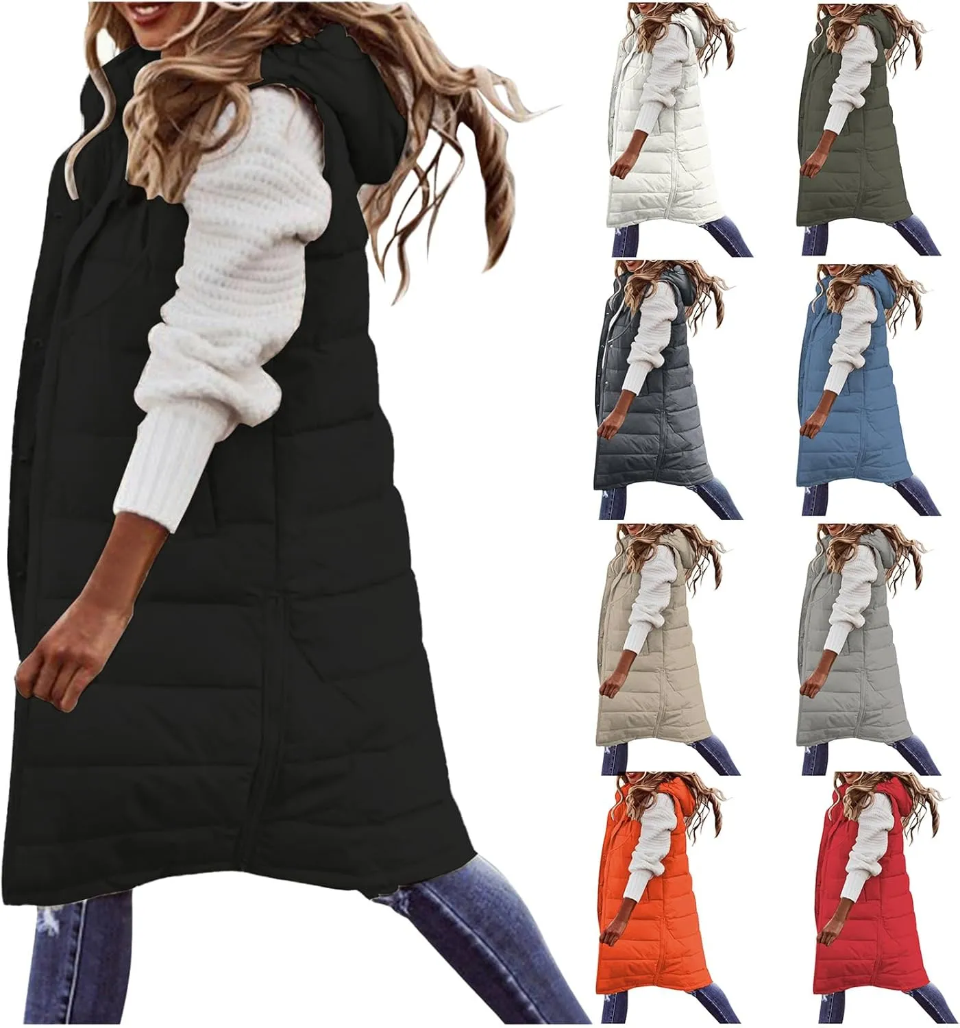 Mmoneyake Womens Long Down Vest Full-Zip Hooded Sleeveless Down Jacket Coat Warm Winter Outdoor Puffer Quilted Vest Outerwear