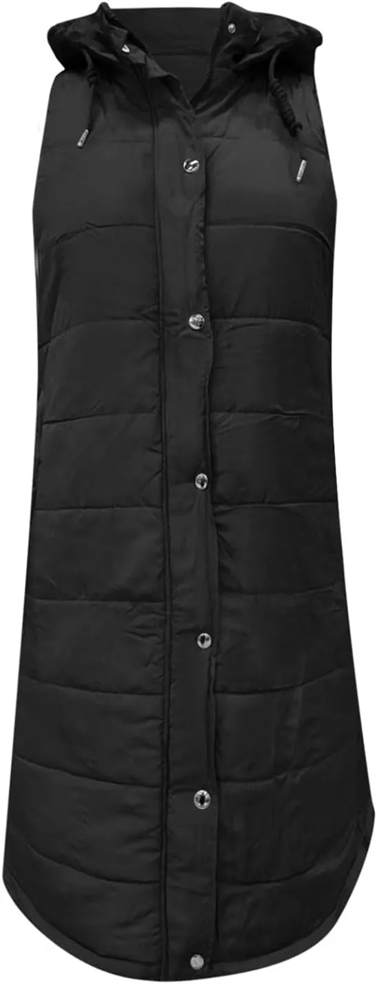 Mmoneyake Womens Long Down Vest Full-Zip Hooded Sleeveless Down Jacket Coat Warm Winter Outdoor Puffer Quilted Vest Outerwear