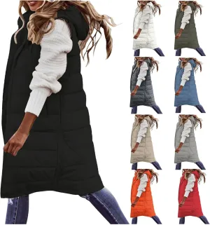 Mmoneyake Womens Long Down Vest Full-Zip Hooded Sleeveless Down Jacket Coat Warm Winter Outdoor Puffer Quilted Vest Outerwear